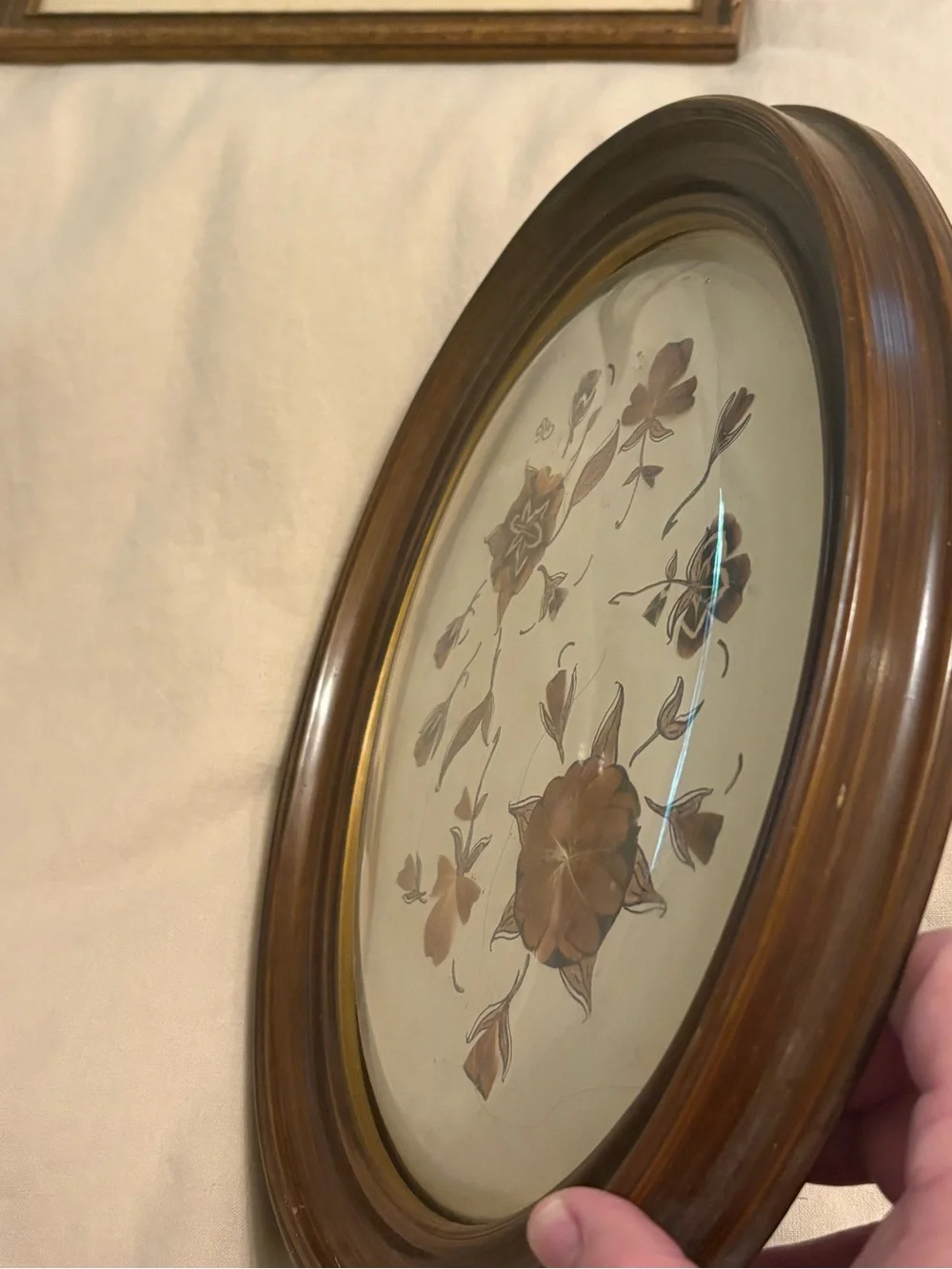 Wood-Tone Bubble Framed Convex Floral Wall hanging - Brown and Cream- Vintage